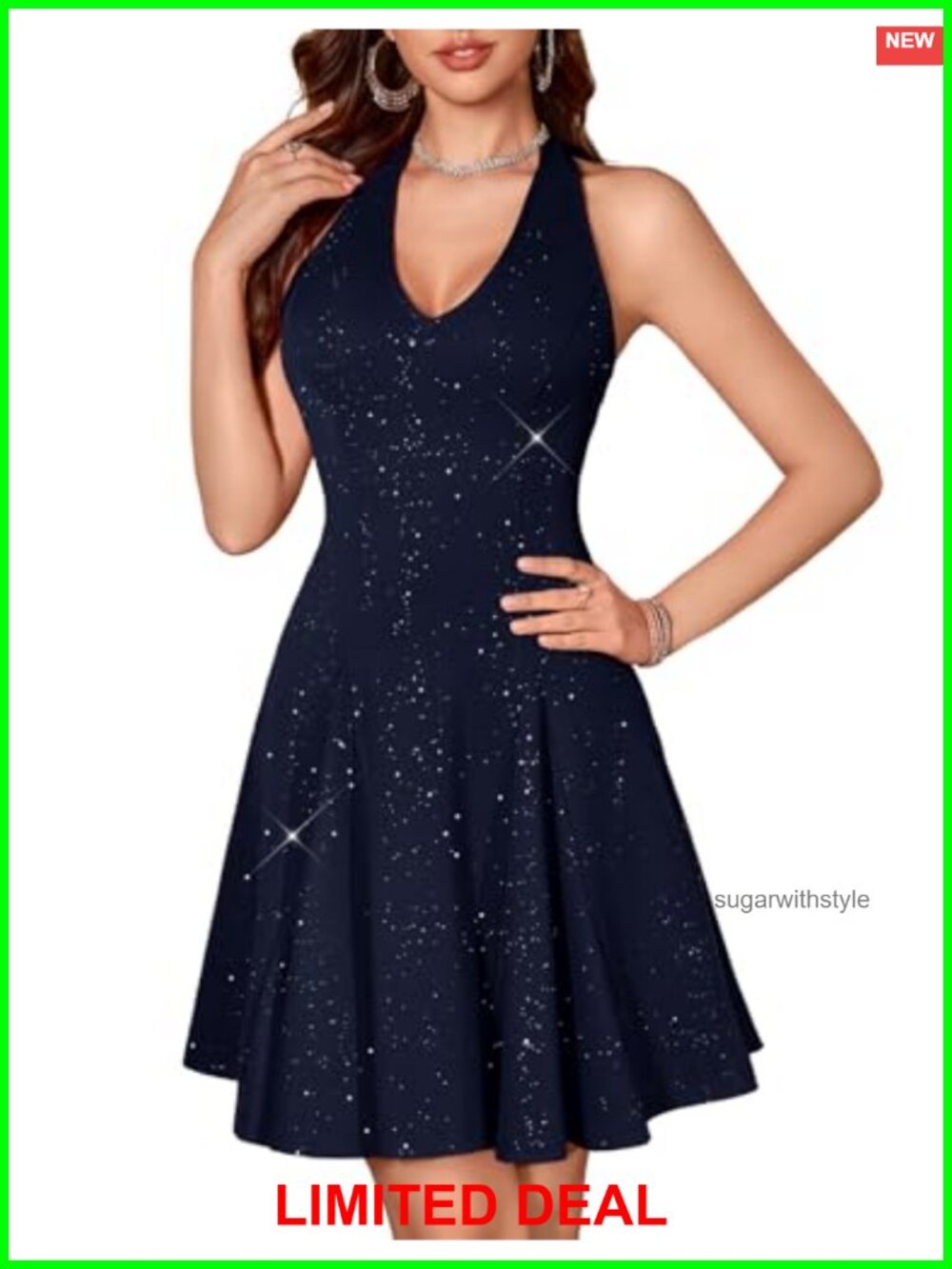 Sparkly Halter Cocktail Dress Deep V-Neck A-Line Mini Homecoming Party